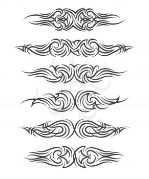 Tribal tattoo set. Six tribal tattoo in polynesian style on white backgound. Vector illustration.