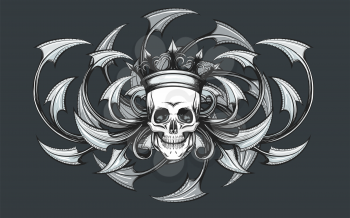 Skull in Crown on a Razor leaves ornament background drawn in tattoo style. Vector illustration