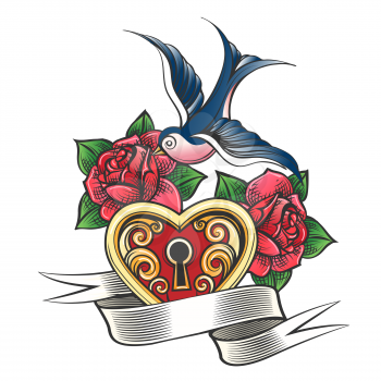 Lock in the shape of a heart with swallow, rose flowers and a banner. Old school tattoo style. Vector illustration.