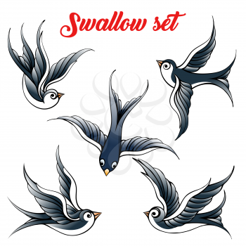 Set of the swallow emblem. Design elements for poster and tattoo. Vector illustration.