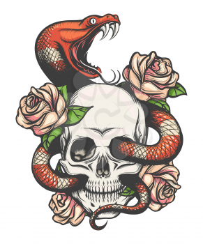 Colorful Tattoo design with skull, roses and snake. Vector illustration.