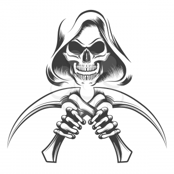 Skull in a hood with scythe knives in hands drawn in tattoo style. Vector illustration.