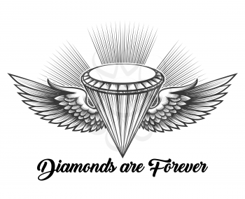 Monochrome winged diamond in engraving style with lettering Diamonds are forever. iVector illustration