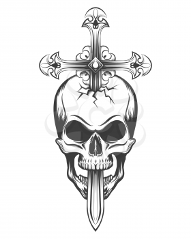 Human skull pierced by sword in the shape of a cross