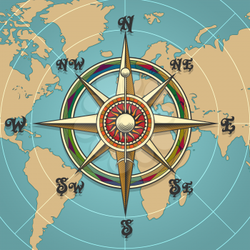 Classic vintage wind compass rose on map background drawn in retro style. Vector illustration.