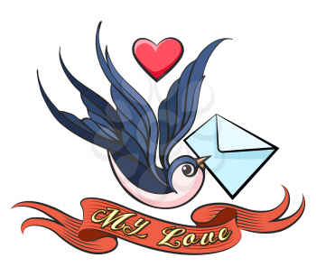 Swallow with love Letter in a beak and ribbon with wording My Love drawn in Tattoo style. Vector illustration.