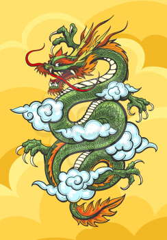 Chinese Dragon in yellow sky with blue clouds. Vector illustration.