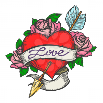 Heart Pierced by arrow with ribbon and handmade lettering Love drawn in tattoo style. Vector illustration