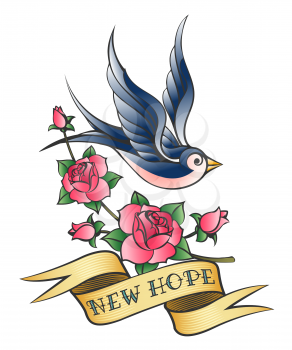 Tattoo of a swallow with banner and rose branch. Vector illustration.