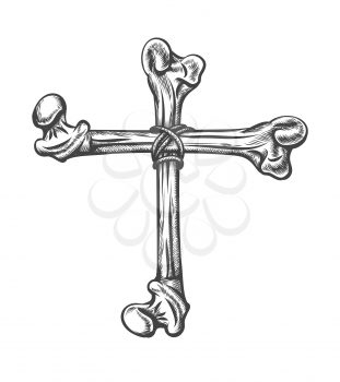 Cross made of human bones fastened with a rope. Vector Illustration in tattoo style