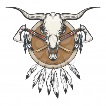 Native Americans Emblem. Bull skull and tomahawk on a shield. Vector illustration.