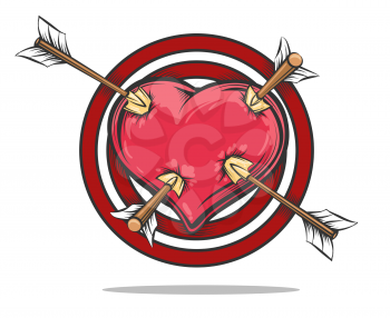Heart placed on target pierced by four arrows. Vector illustration