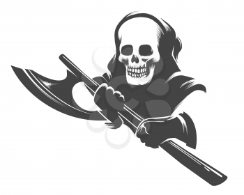Skull in the Hood with Executioner Axe in Hands Tattoo in engraving Style. Vector illustration.