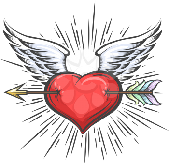 Heart with Wings pierced by Arrow Tattoo in retro style. Vector illustration.