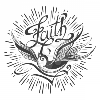 Flying Swallow and hand made Lettering Faith Retro tattoo. Vector illustration.