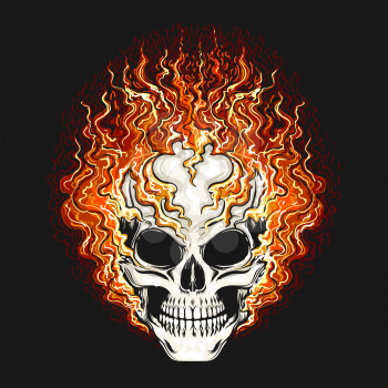 Hand drawn Smiling Skull in fire Flame on black background. Vector illustration.