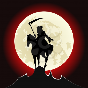 Silhouette of grim Reaper ride a horse on mountain peak against bloody Moon. vector illustration.