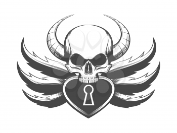Tattoo of Skull with Horns and Padlock. Vector Illustration