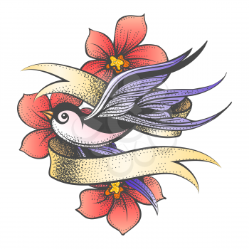Tattoo of Swallow with Golden Ribbon and Red Flowers isolated on white. Vector illustration.