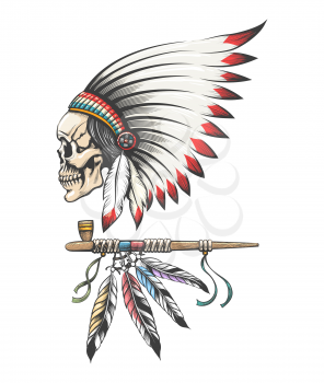 American Indian Chief Skull in Traditional Feathers Headwear and Smoking Pipe. Vector illustration.