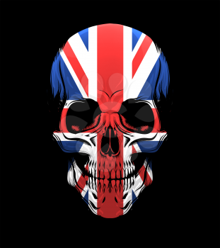 Human skull with United Kingdom flag isolated on black background. Vector Illustration.