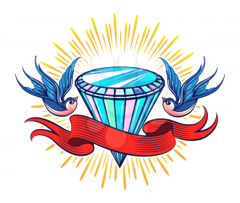 Colorful Tattoo of Shining Diamond with ribbon and two Swallows. Vector illustration.