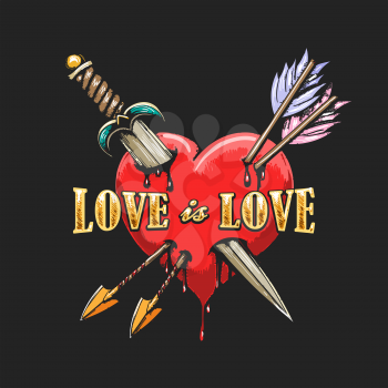 Tattoo of Heart Pierced by Dagger and Arrows and Wording Love is love on black background. Vector Illustration.