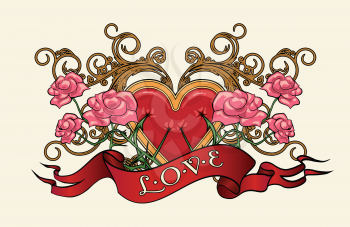 Heart in roses with thorns and wording Love. Illustration in tattoo style.