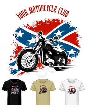 Template of Bikers Club Emblem Print drawn in different color variations. Retro motorcycle against patriotic confederate flag. Isolated on white. No gradients.