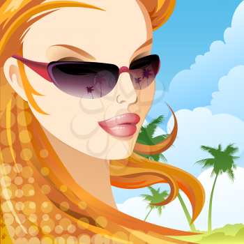 Illustration with girl in a a sunglasses against palm trees and bluel sky drawn in cartoon style