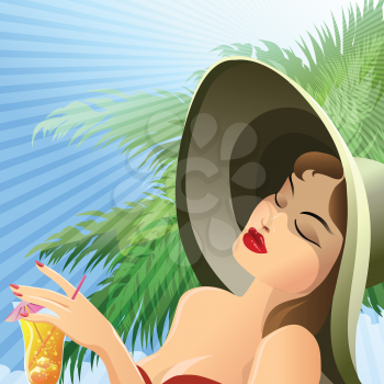Illustration of pretty girl in beach hat who holds a cocktail glass in hand against tropic background drawn in vintage style