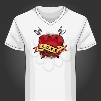 Template of white V neck shirt with printed heart piersed by two arrows against blood