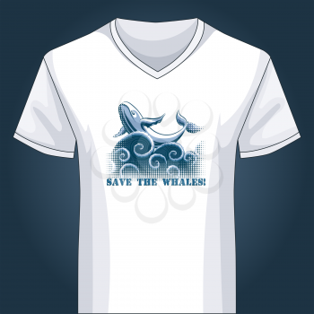 Template of white V neck shirt with jumping whale drawn with using half-tone pattern