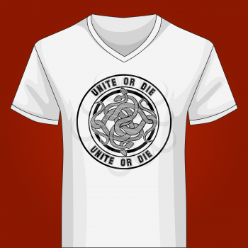 Template of white V neck shirt with Snake Knot and lettering Unite or Die. Only free font used.