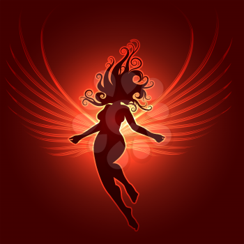 Sulhoutte of flyiing woman with glowing wings against dark red background. Illustration in fantasy style.