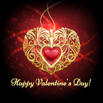 Illustration of heart shaped golden pendant against festive red background