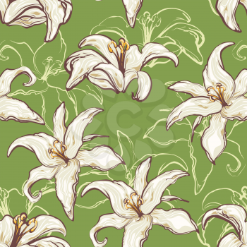 Seamless vector floral pattern. Lilies flowers on a green background.
