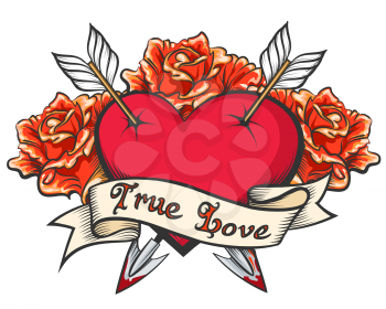 Heart Pierced by two arrows with ribbon and  lettering True Love. Vector illustration in tattoo style.