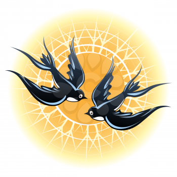 Two flying swallow birds against shining sun. Vector illustration.
