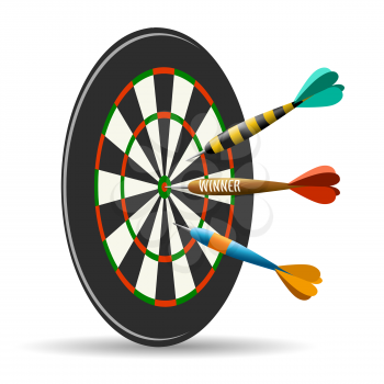 Darts board with three darts. Goal target competition concept. Vector illustration