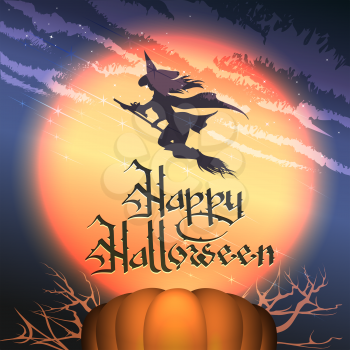 Happy Halloween Background with Pumpkin, Full moon and Flying Witch. Vector Illustration.