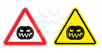Warning sign attention Halloween. Hazard yellow sign terrible holiday. Evil Pumpkin on  red triangle. Set  Road signs
