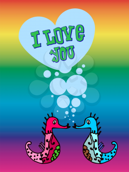 Valentine for gays, the heart of bubbles, cartoon fish in the sea, I love you, postcard for 14 February, Rainbow background, lgbt
