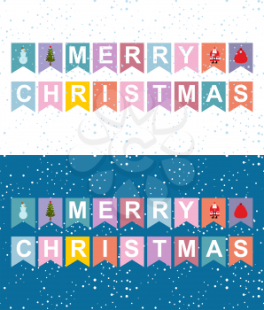 Christmas holiday flags garlands. Letters on  flag. New Years symbols: Santa Claus and Christmas tree.