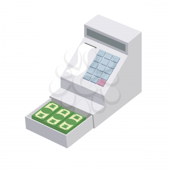 Cashier. Open a cash register with a lot of dollars. Seller box for storing money. Vector illustration
