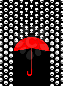 Rain of skulls. Umbrella protects from head of skeleton. Red umbrella on black background.
