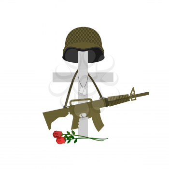 Grave of a fallen soldier. Death of the military. Cross and helmet. Automatic gun hanging on monument. Tomb of a military veteran. Vector illustration of Memorial Day
