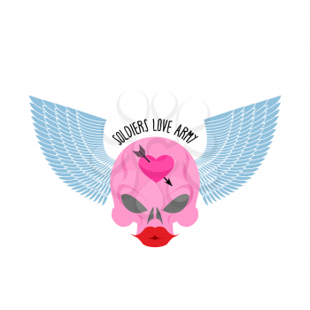 Logo, logo of soldier of love. Pink skull with large red lips and blue wings. Female skull blondes. Vector illustration
