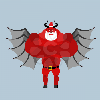 Satan Claus. Devil with beard and mustache. Red demon with horns clothed clothing Santa Claus. Strong scary monster with wings. Christmas red demon.