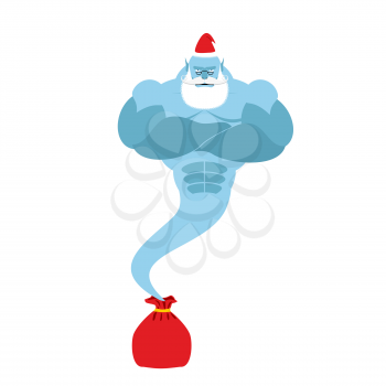 Genie is out of  bag Santa Claus. Magic spirit with a beard and mustache. Christmas clothes. Strong is fantastic person.